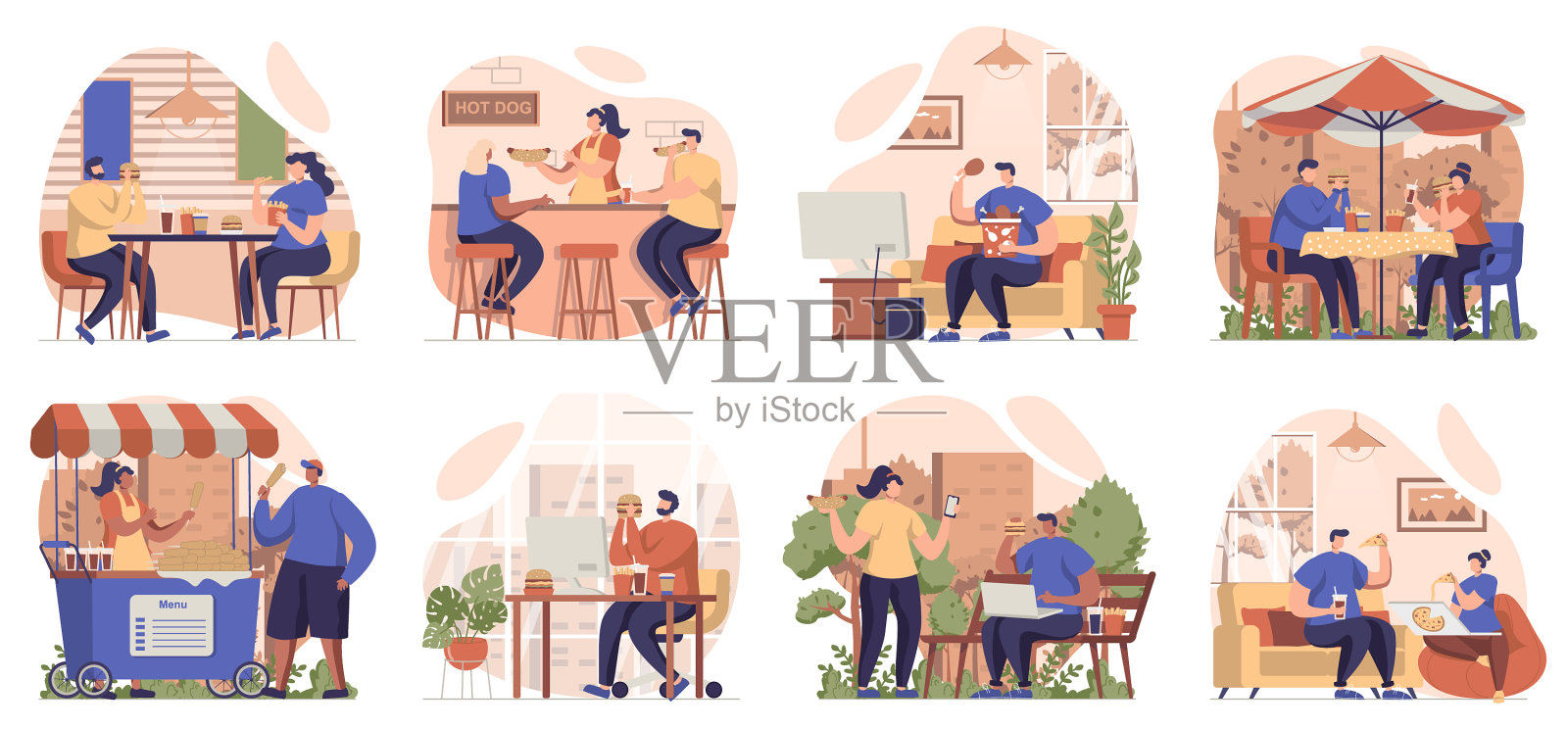 人们吃快餐的场景收集插画图片素材