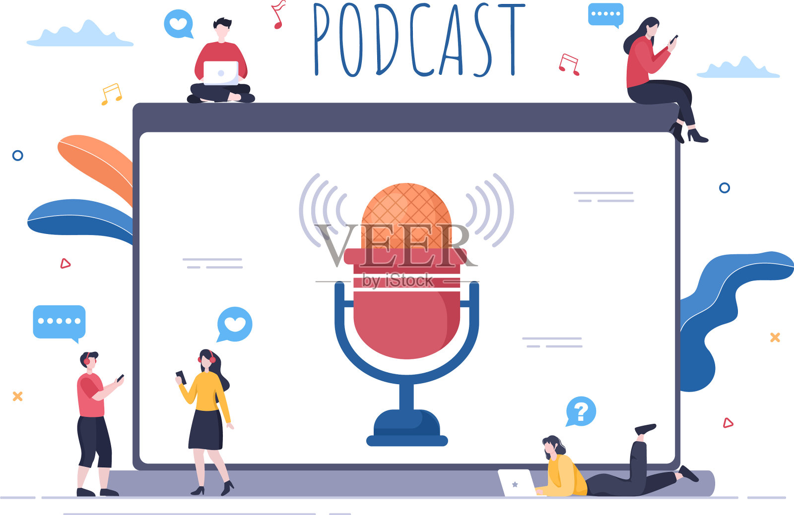 播客背景人们使用耳机录制插画图片素材