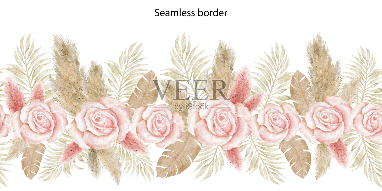 水彩波西米亚热带无缝边界插画图片素材