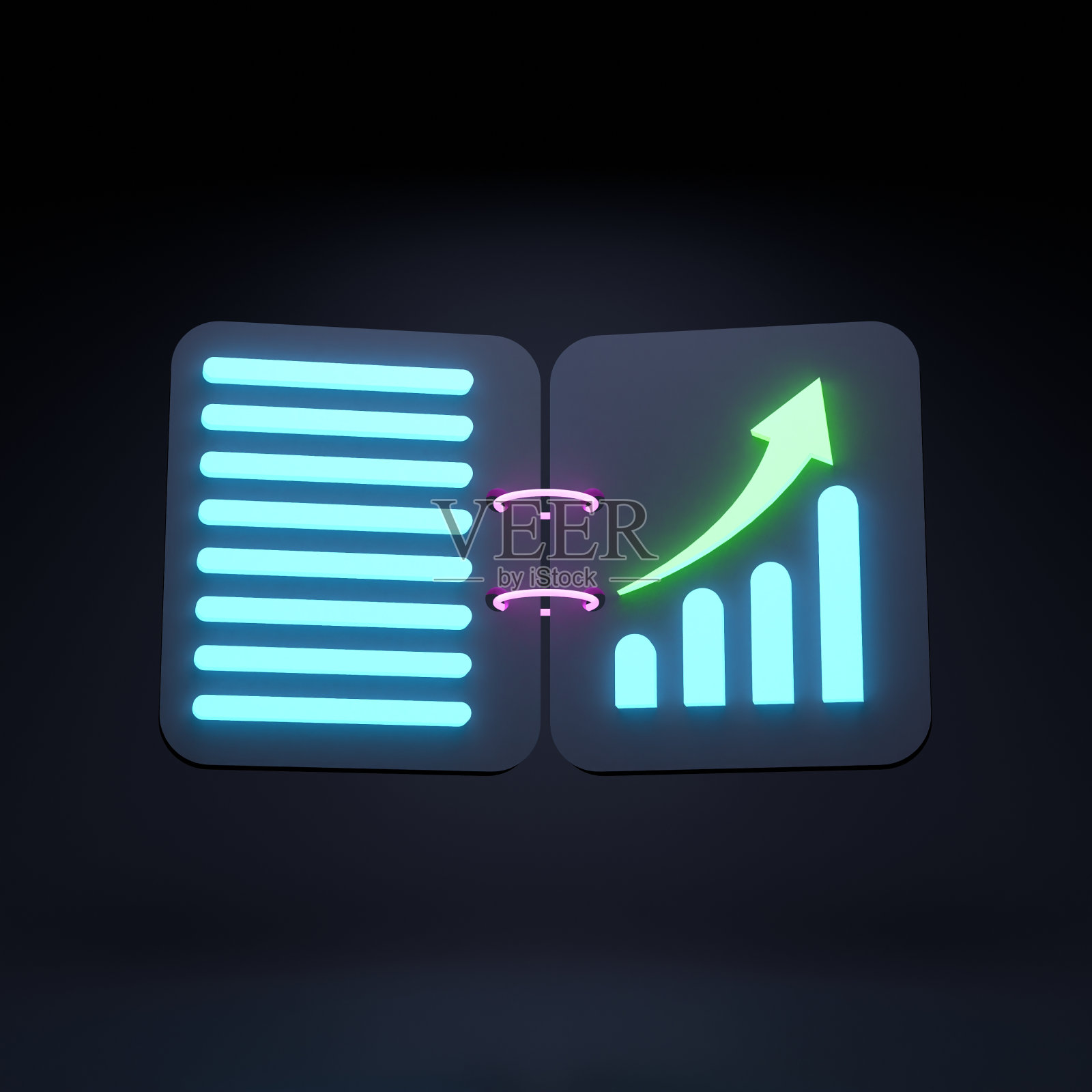 Historgama图标。收入增长的概念。黑色背景上的氖元素。3 d渲染插图。图标素材