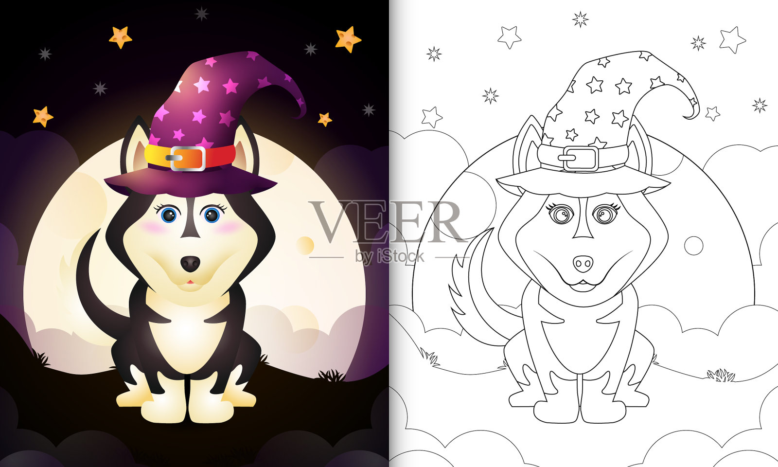 彩色书与可爱的卡通万圣节女巫插画图片素材