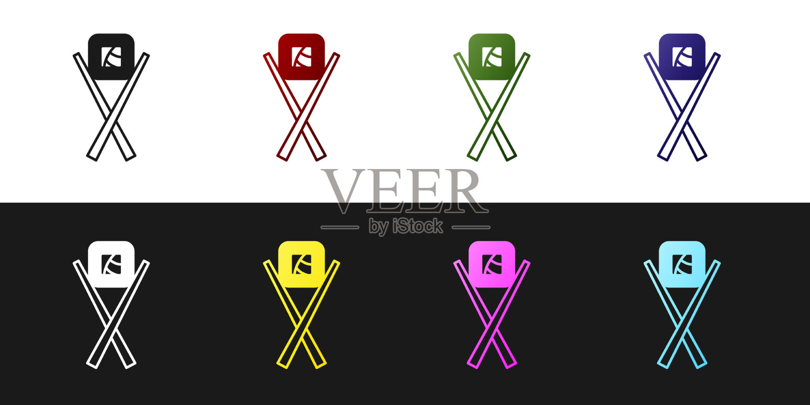 设置寿司与筷子图标孤立在黑色图标素材