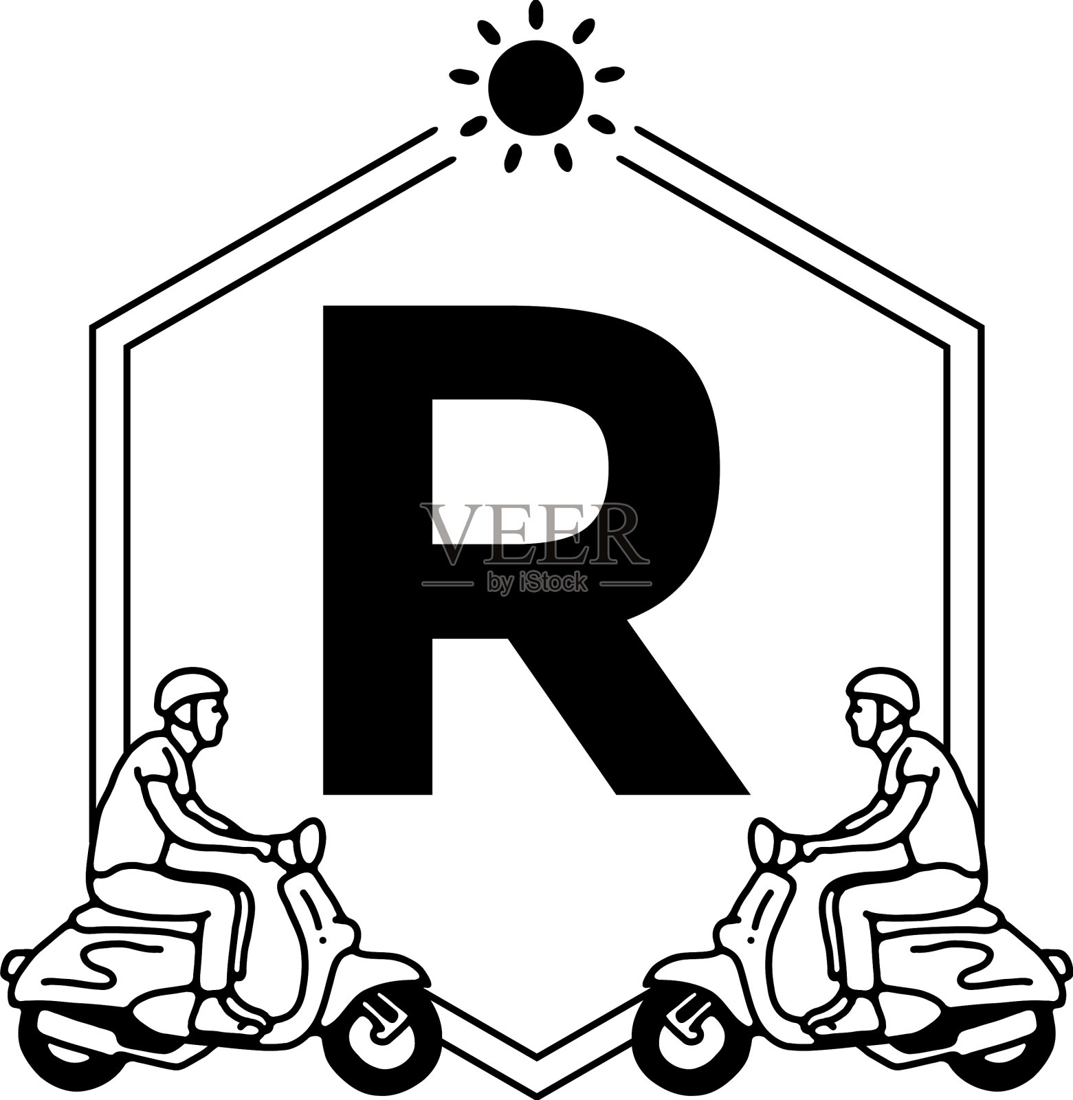 滑板车线条艺术与r首字母设计元素图片