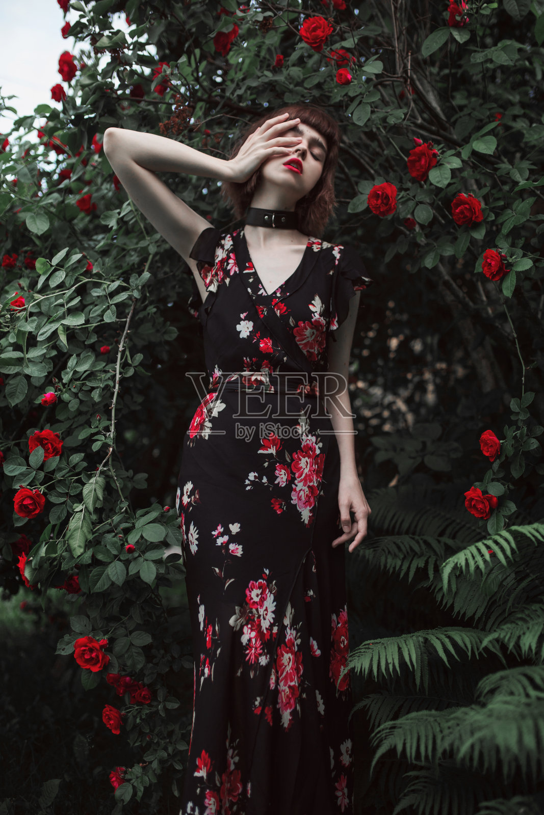 夏天自然背景。时尚的头发模型。春天玫瑰花园。穿着红嘴唇的漂亮女人。很棒的花壁。复古的女士。女人肖像。时髦的外观。现代艺术照片摄影图片