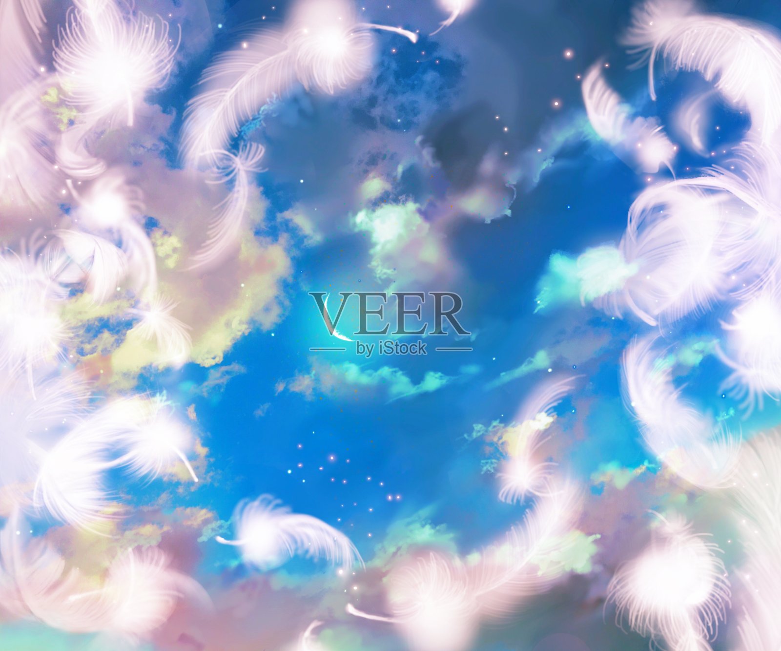 插图白色羽毛的蓬松的舞蹈天使和背景的夜空与月亮照耀插画图片素材