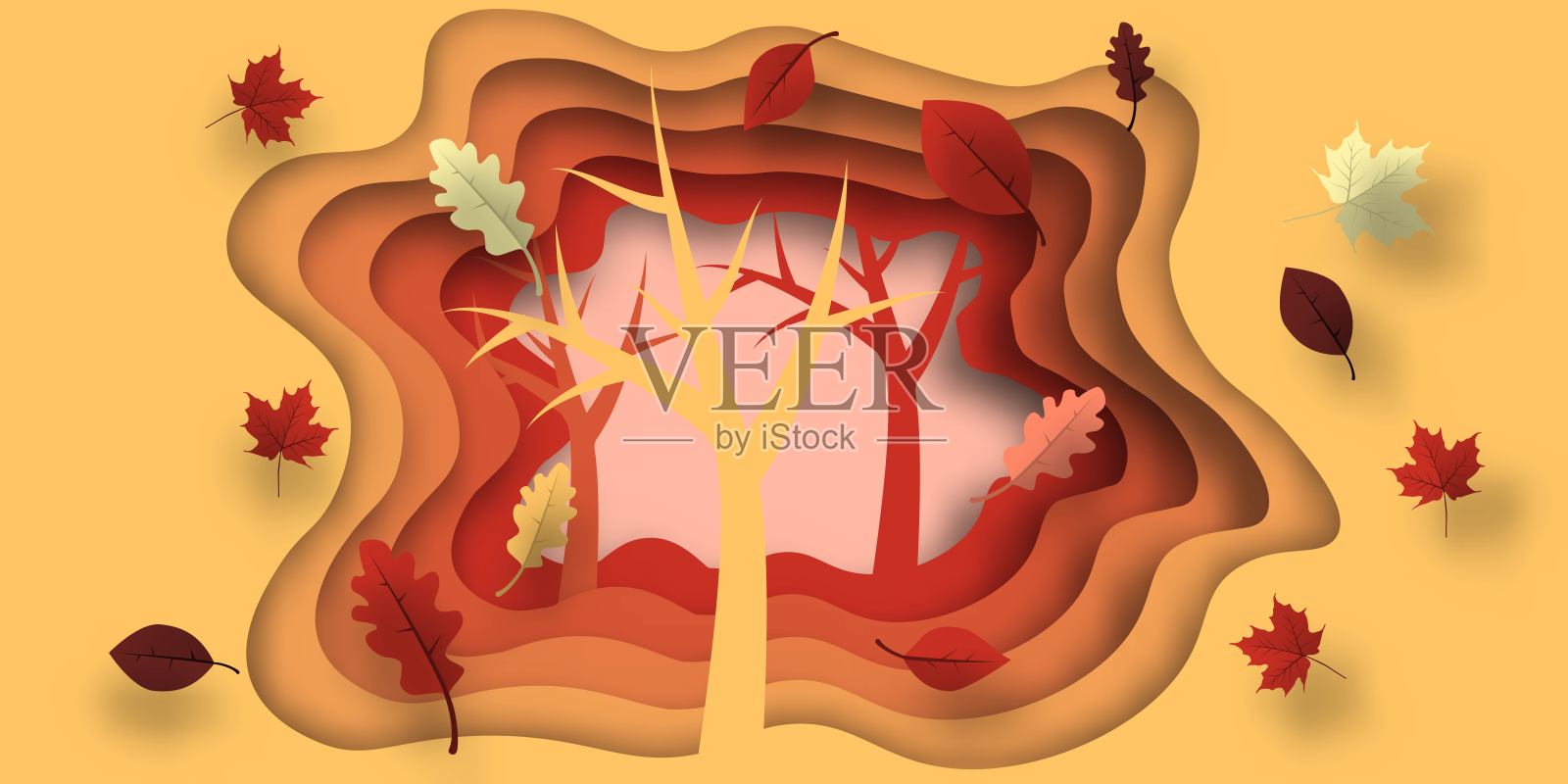 秋天的剪纸有树叶和树。抽象背景与形状在黄色，橙色，紫色。设计装潢、商业展示、海报、印刷品。向量。插画图片素材