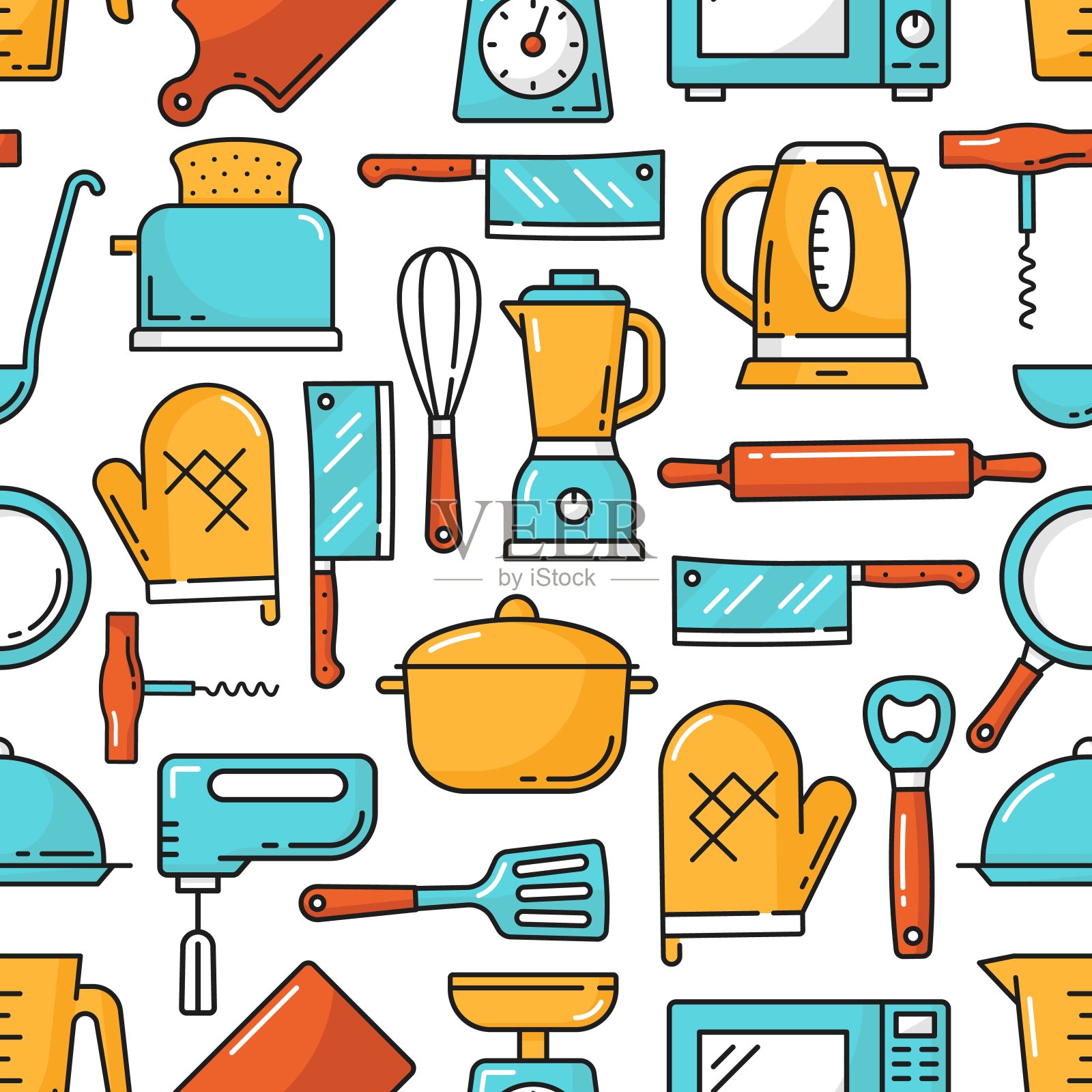 厨房用具和厨具无缝图案插画图片素材