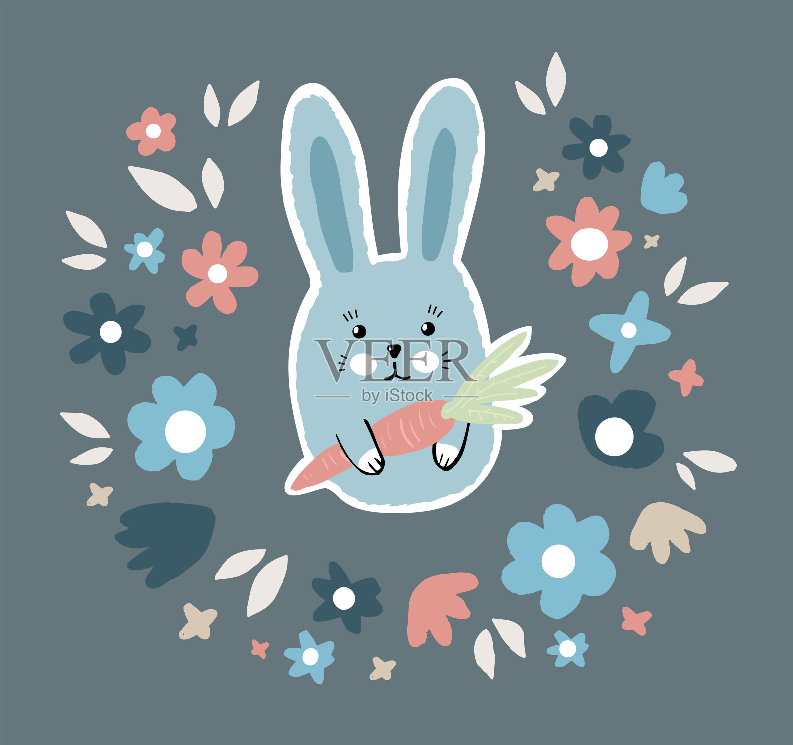 可爱的兔子带着花和叶子。斯堪的纳维亚印刷插图儿童服装，明信片，餐具。矢量彩色图形。插画图片素材