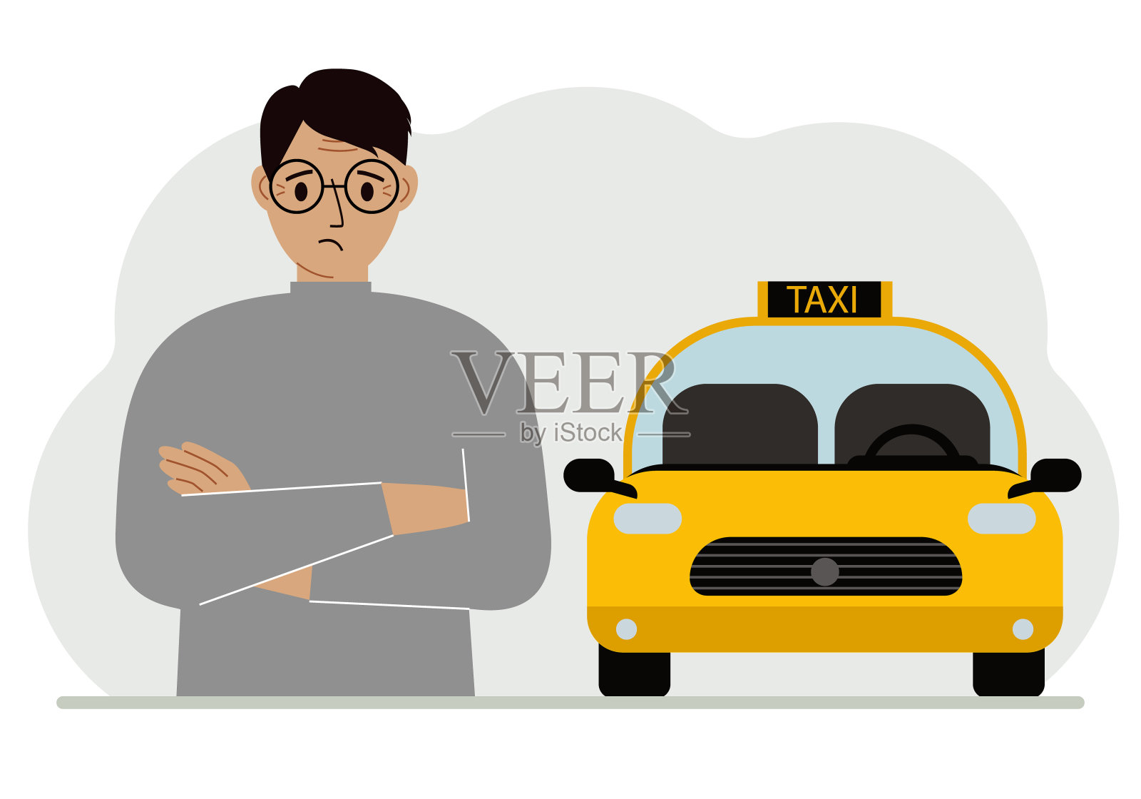 一名男子双臂交叉在一辆黄色出租车旁。向量插画图片素材