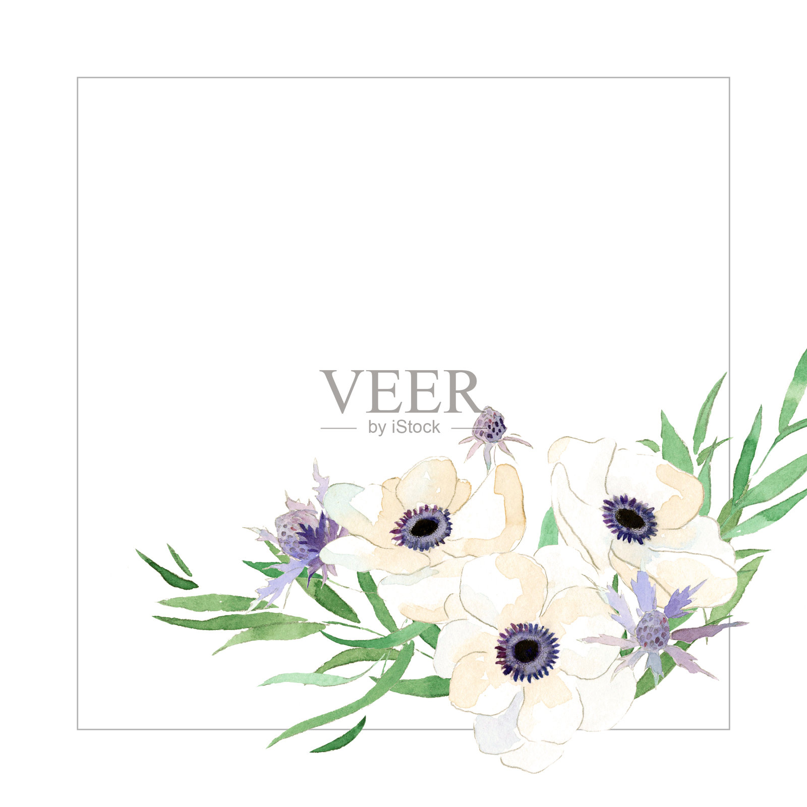 美丽的复古复古手绘水彩花海葵婚礼保存日期组成与框架插画图片素材