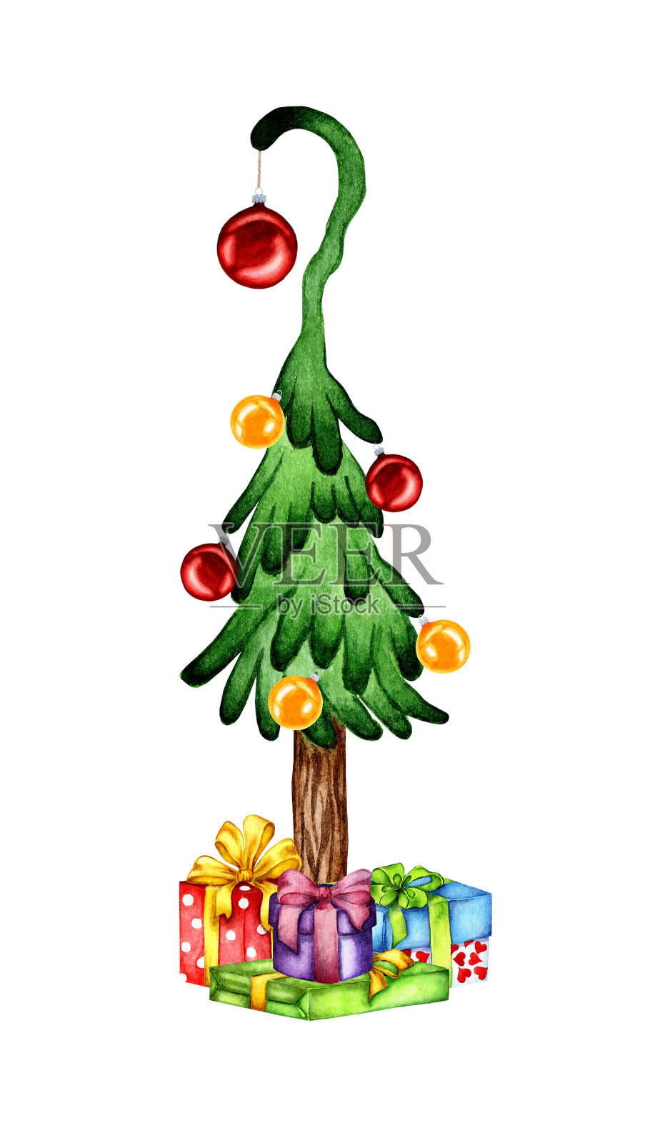 水彩漫画圣诞树装饰插画图片素材