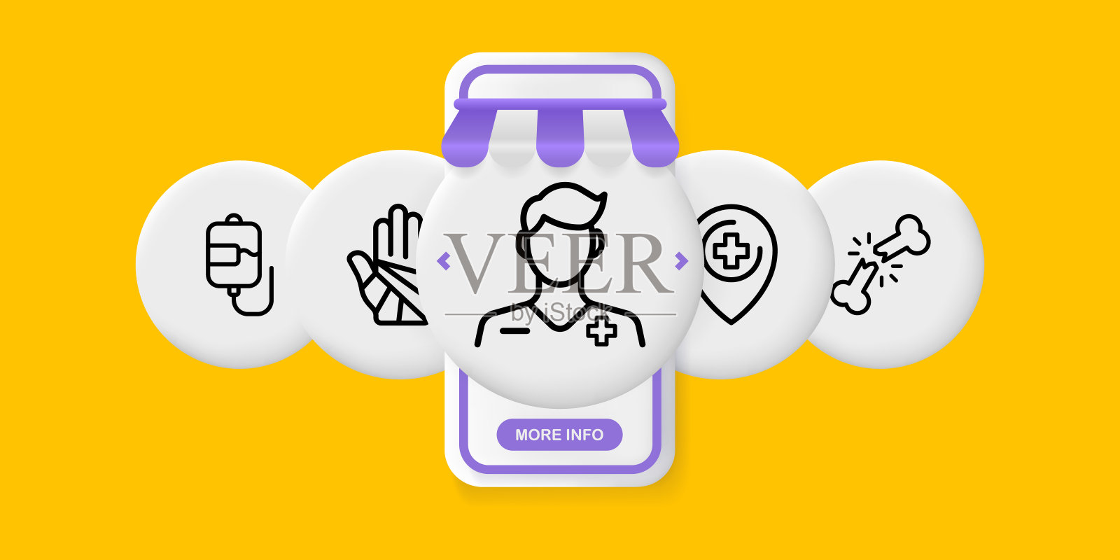 医院设置图标。滴管、骨折、瘀伤、绷带、医生、药物、骨头等。卫生保健的概念。UI手机应用屏幕。矢量线图标的业务和广告插画图片素材