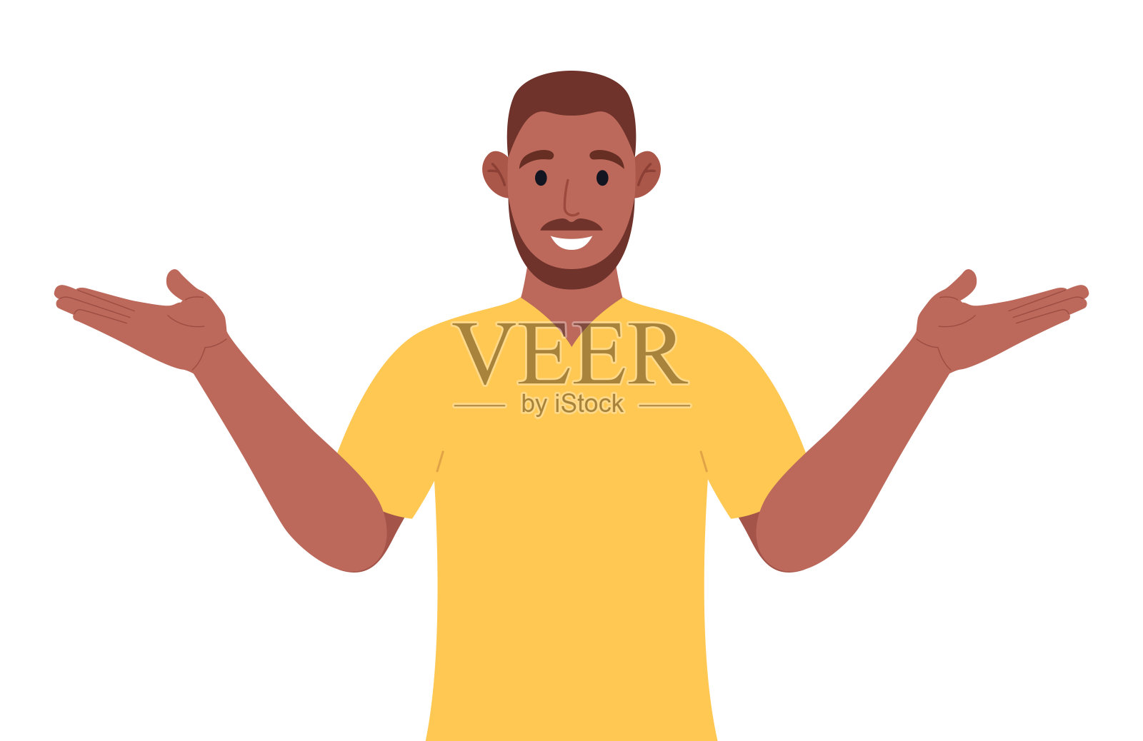 一名留着胡子的非洲男子穿着黄色t恤，指着一边，给我看什么东西。矢量插图。插画图片素材