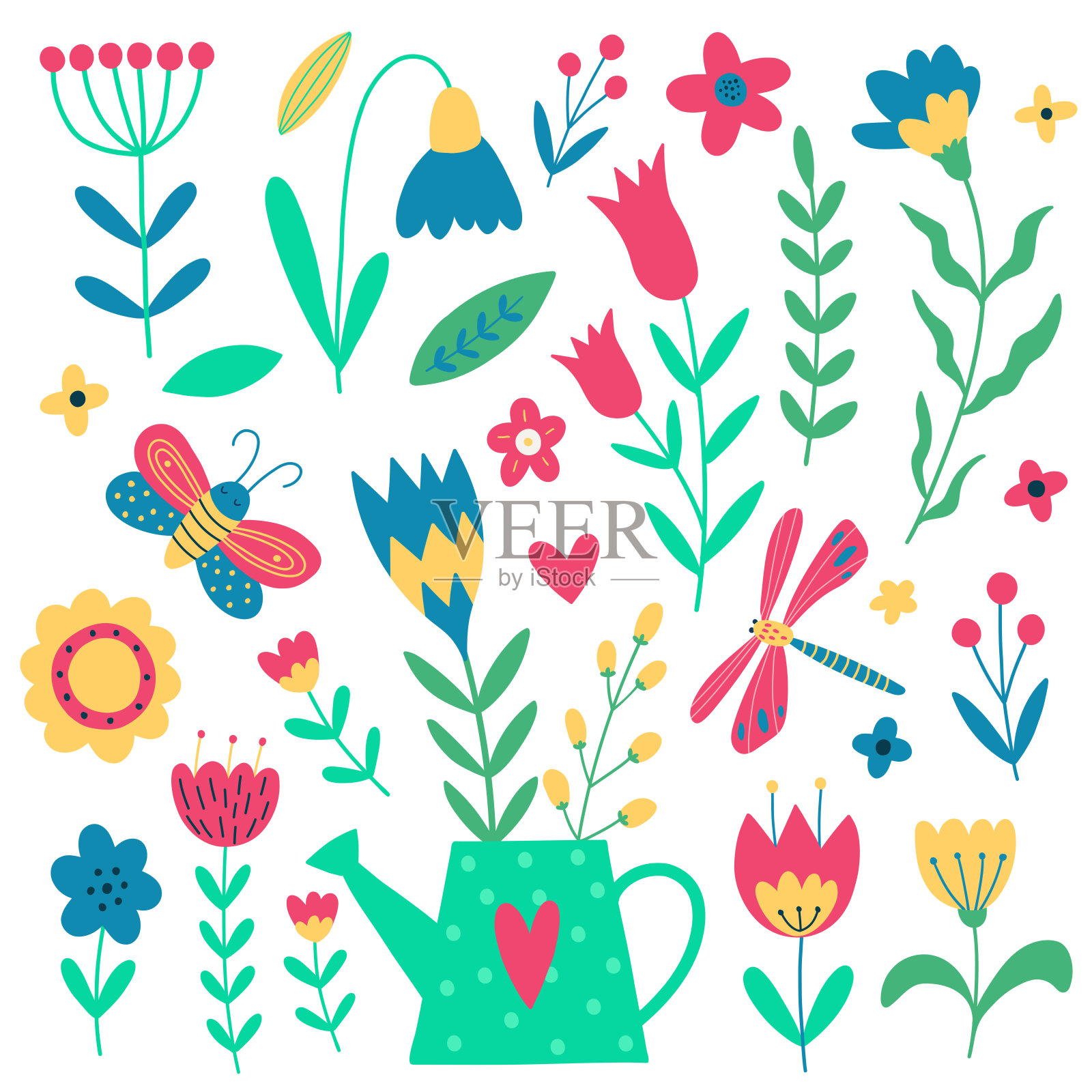 一套花园浇水罐，花，草药，树叶和昆虫。矢量手绘插图。卡通平面风格矢量插图。夏天花园插图。插画图片素材