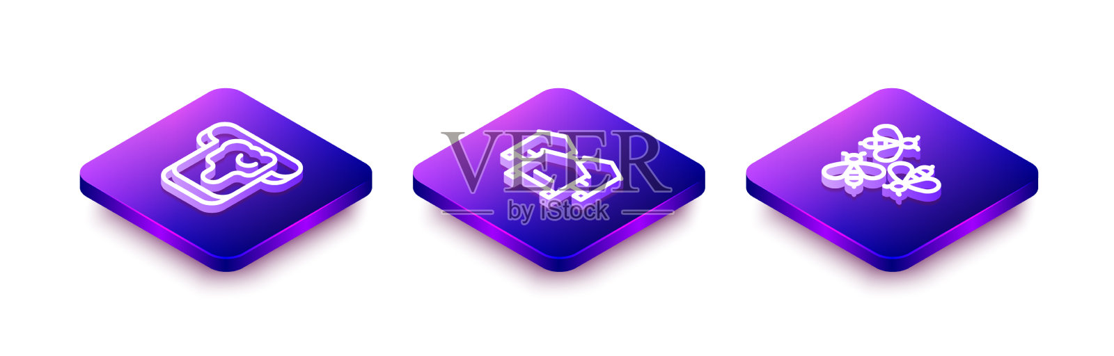 为蜜蜂设置带蜂箱的等距线面包图标素材