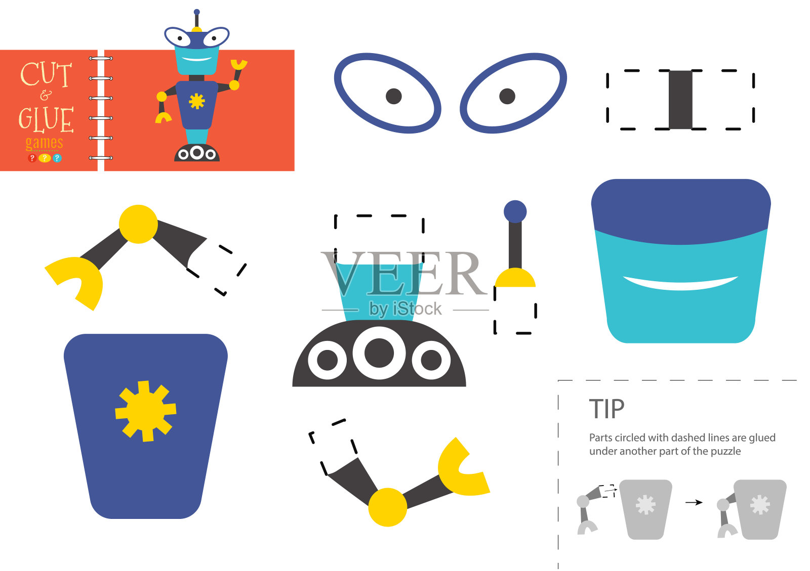 剪纸和胶水纸玩具矢量插图。机器人角色剪刀切割模型插画图片素材