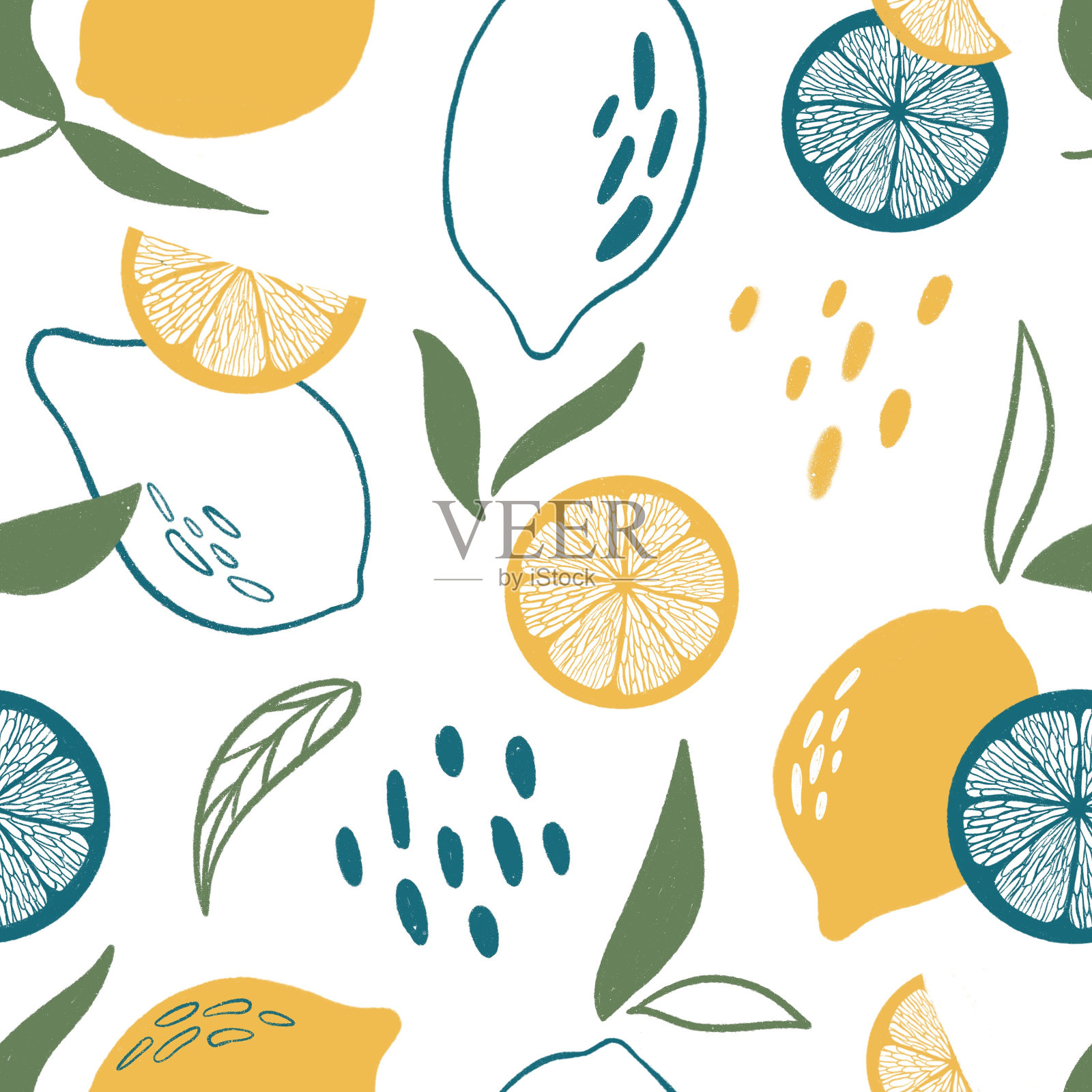 手绘彩色无缝图案手绘柠檬。柑橘类水果的背景。用于纺织、壁纸、海报等。插画图片素材
