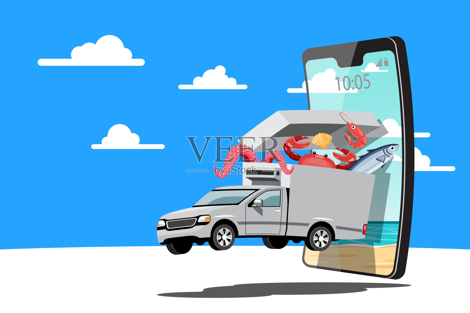 大孤立车辆矢量彩色图标，平面插图货车通过GPS跟踪位置。配送车、鱼和食品配送、即时配送、在线配送。插画图片素材