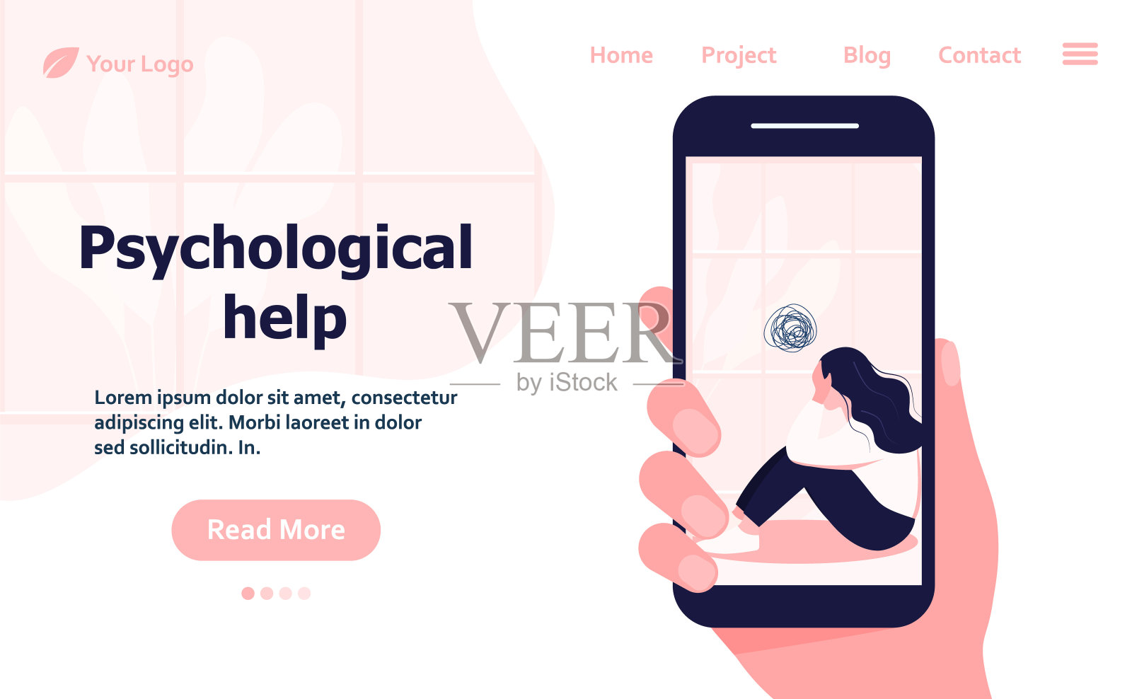 心理帮助网页横幅。女性性格抑郁，不快乐的女人坐在地板上思绪纠结，女孩需要心理帮助，心理问题。插画图片素材