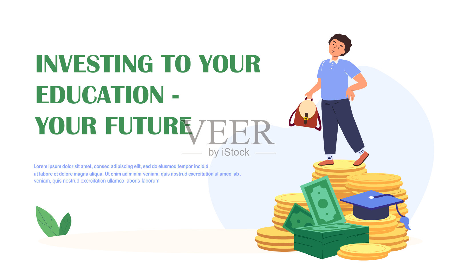 小男孩站在巨大的金币堆上。站页面模板。储蓄的概念，未来教育的投资，生活的繁荣。孩子教育融资。卡通人物矢量插图设计模板素材