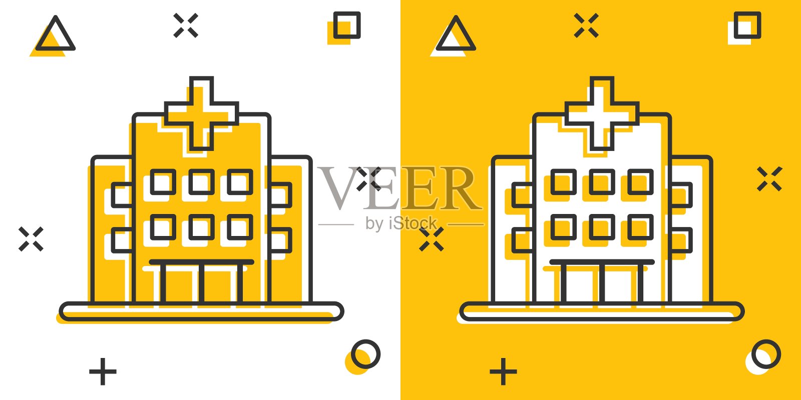 漫画风格的医院建筑图标。孤立背景上的医学诊所卡通矢量插图。医药喷溅效果标志的经营理念。插画图片素材