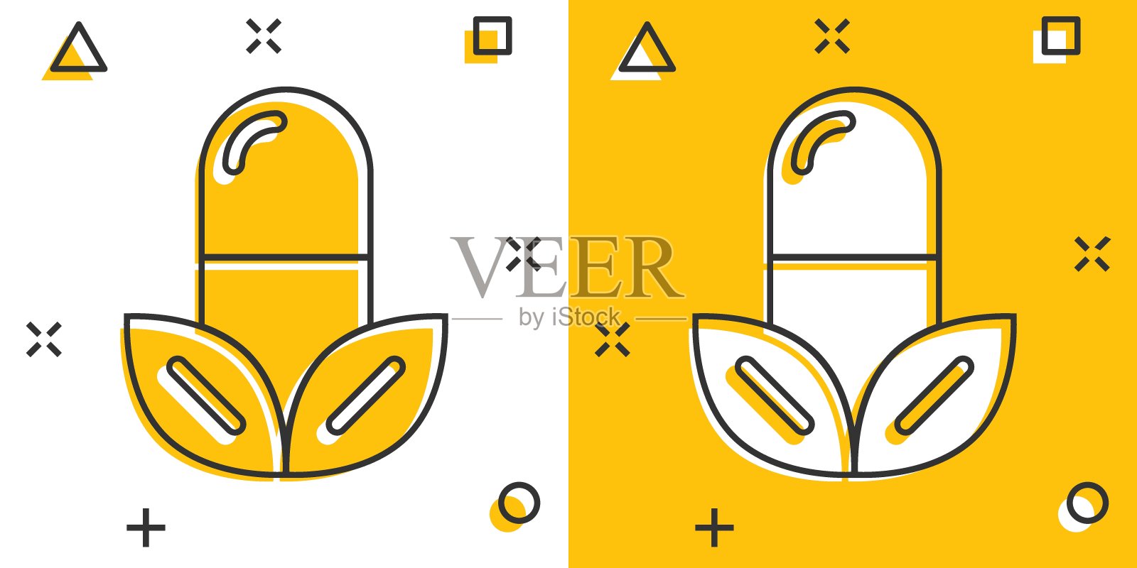 维生素药丸笔记图标在漫画风格。胶囊卡通矢量插图白色孤立的背景。抗生素喷溅效果标识的经营理念。图标素材