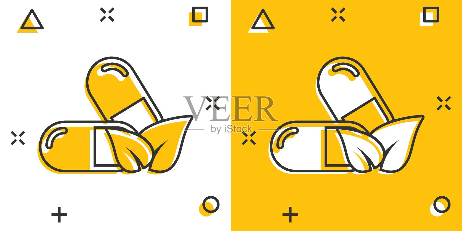 维生素药丸笔记图标在漫画风格。胶囊卡通矢量插图白色孤立的背景。抗生素喷溅效果标识的经营理念。图标素材