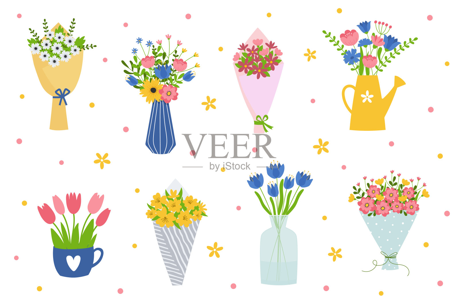 一套花束。一束植物在花瓶，杯子，喷壶和鲜花包裹在牛皮纸插画图片素材