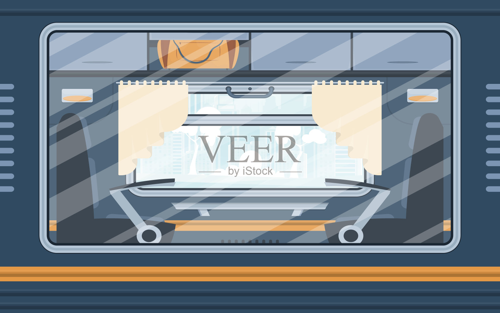 一列空火车的窗户。铁路运输在外面。卡通风格。平的风格。插画图片素材