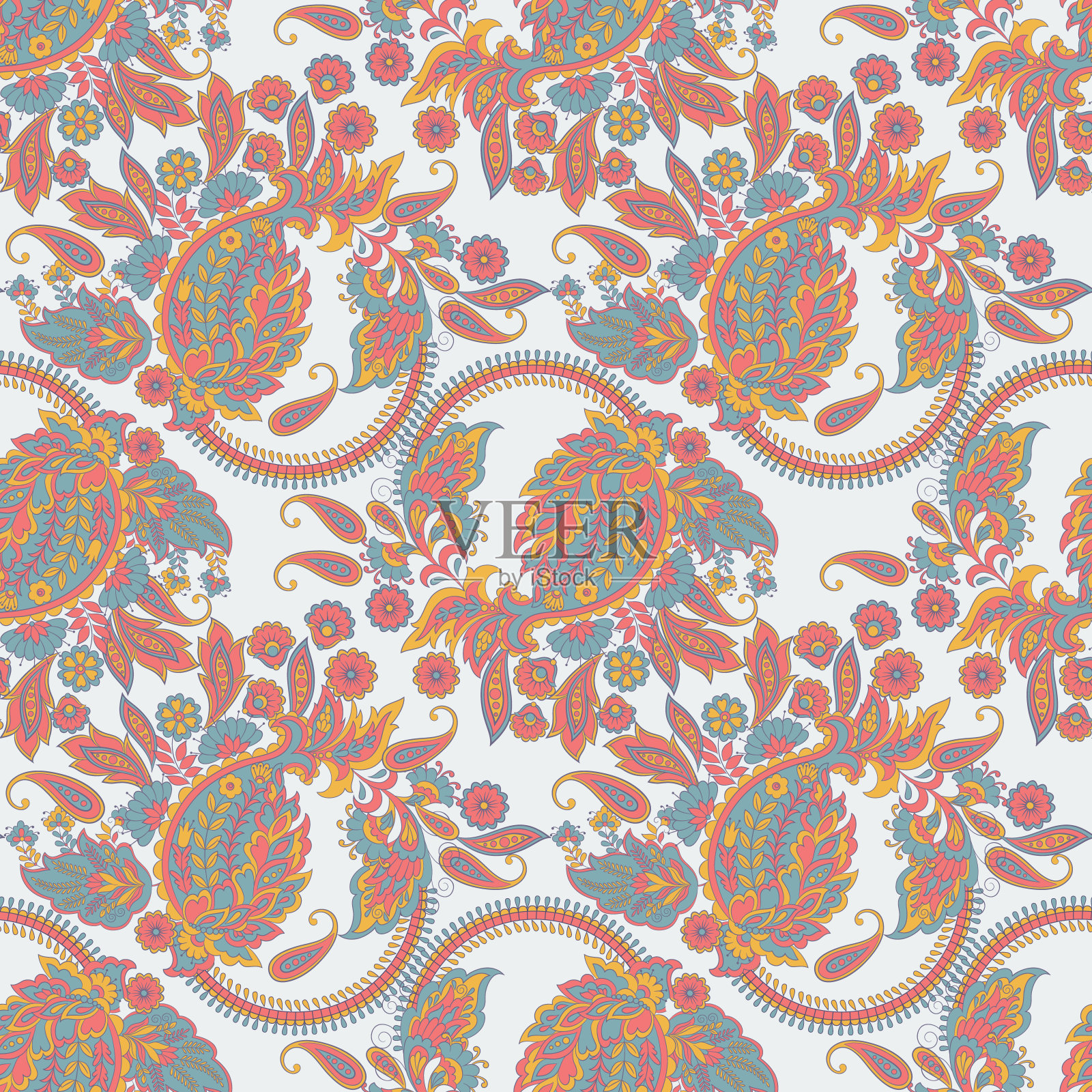 佩斯利装饰无缝图案。卡拉姆卡里矢量织物背景插画图片素材