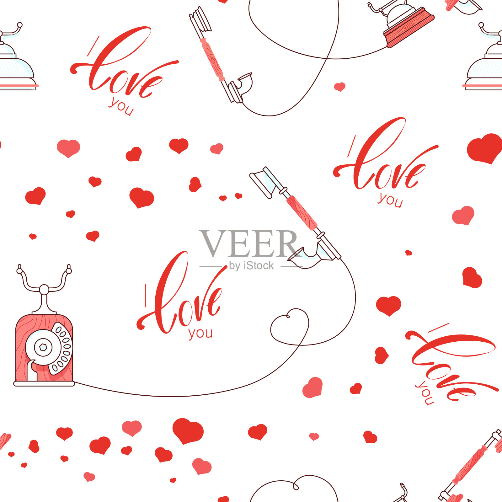 无缝模式与复古手机孤立在白色插画图片素材