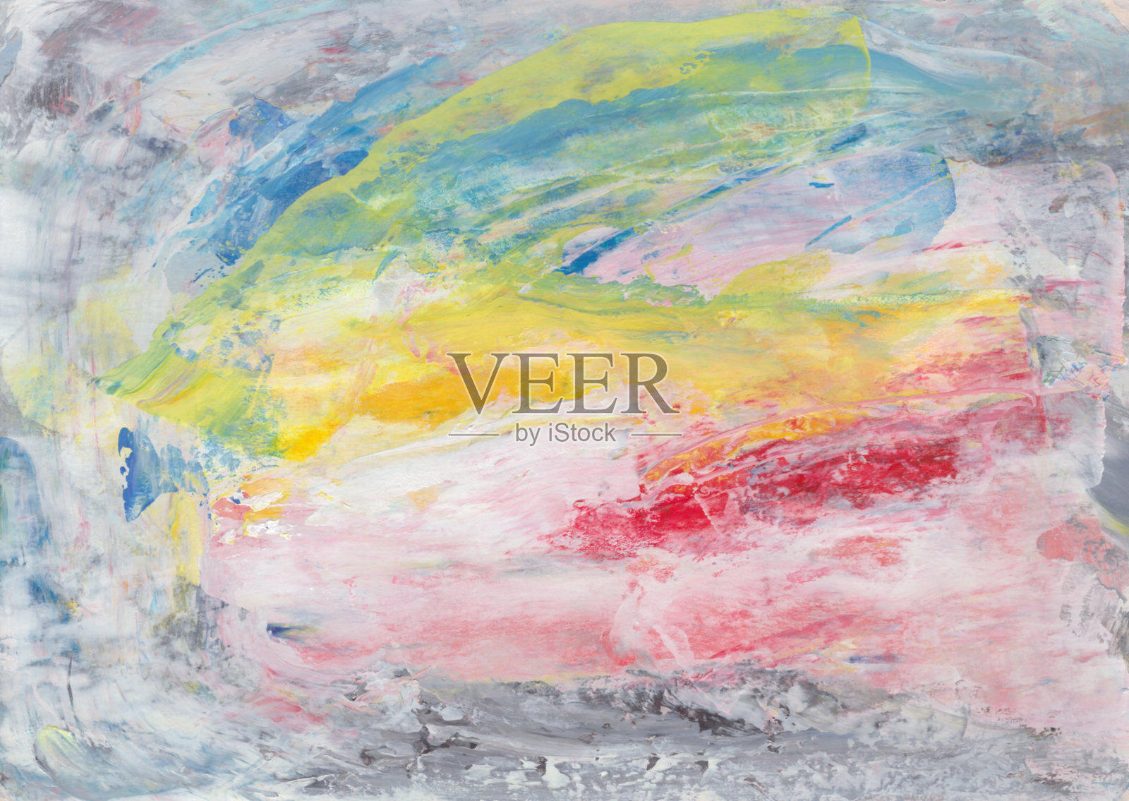 抽象绘画。色彩丰富的艺术品生动的笔触在红色，蓝色，黄色，粉色和白色。现代艺术纹理。丙烯画背景插画图片素材