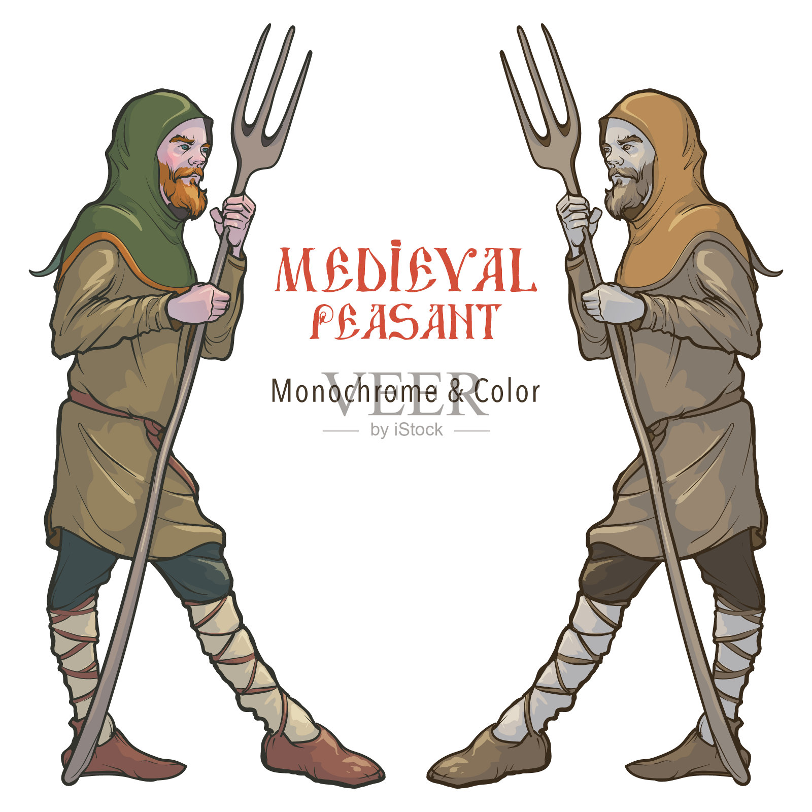 中世纪的男女农民在田间劳作。插画图片素材