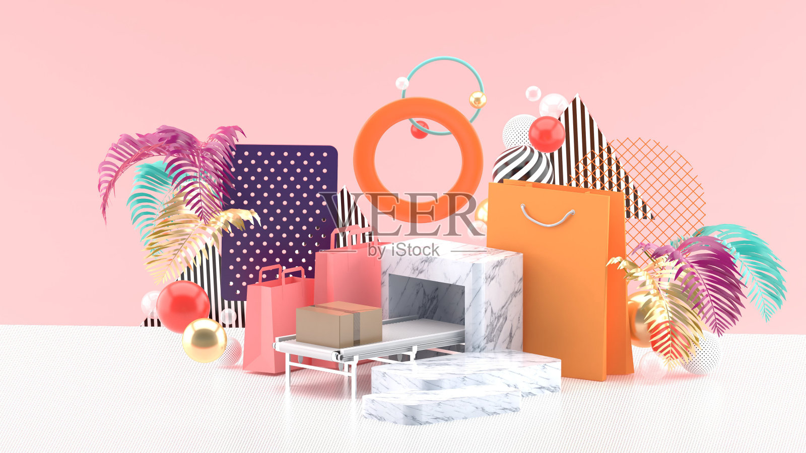 大理石底座，生产线和购物袋，彩色球和几何形状，图形在粉红色的背景。3 d渲染。“n照片摄影图片