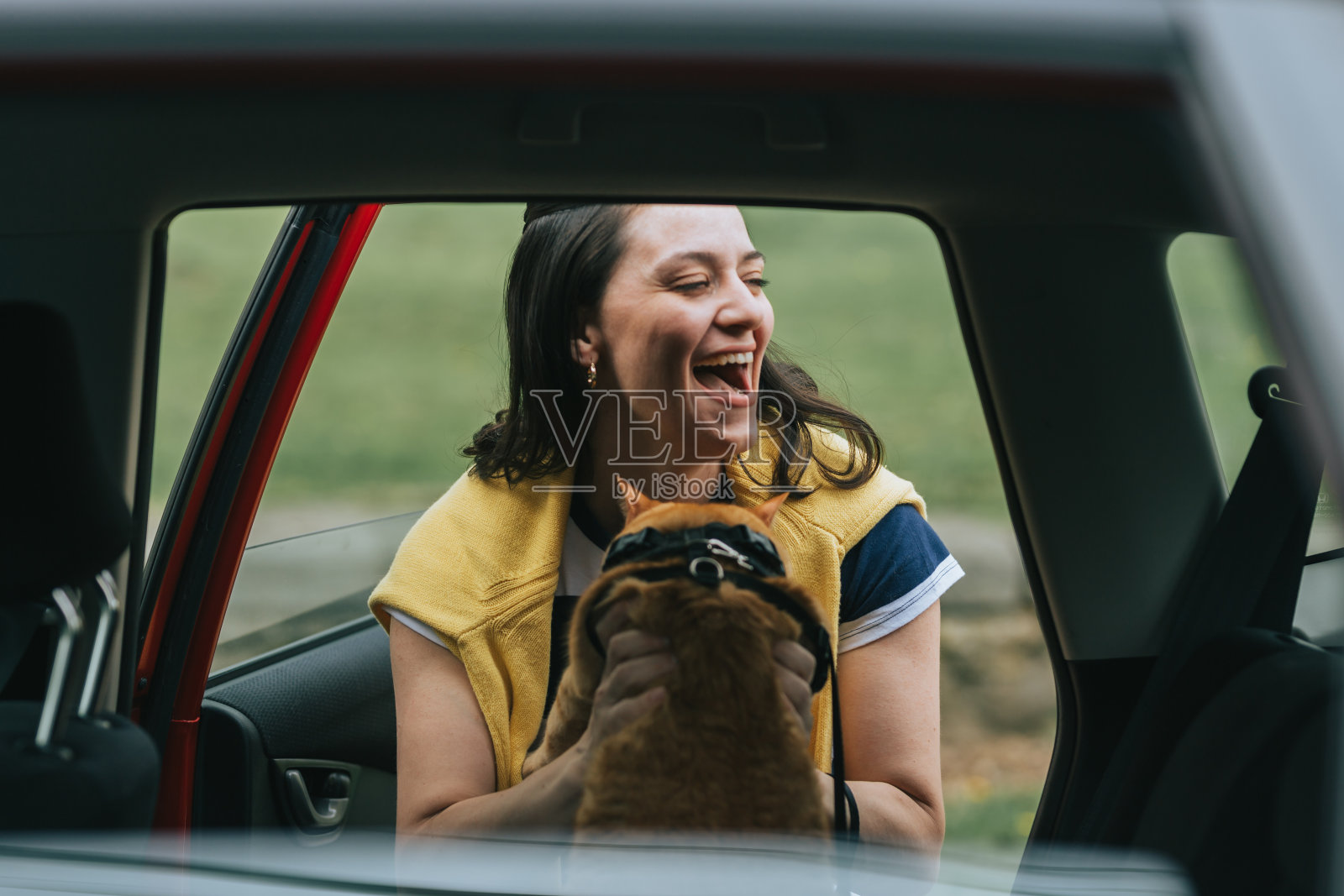 女人把猫放进车里照片摄影图片