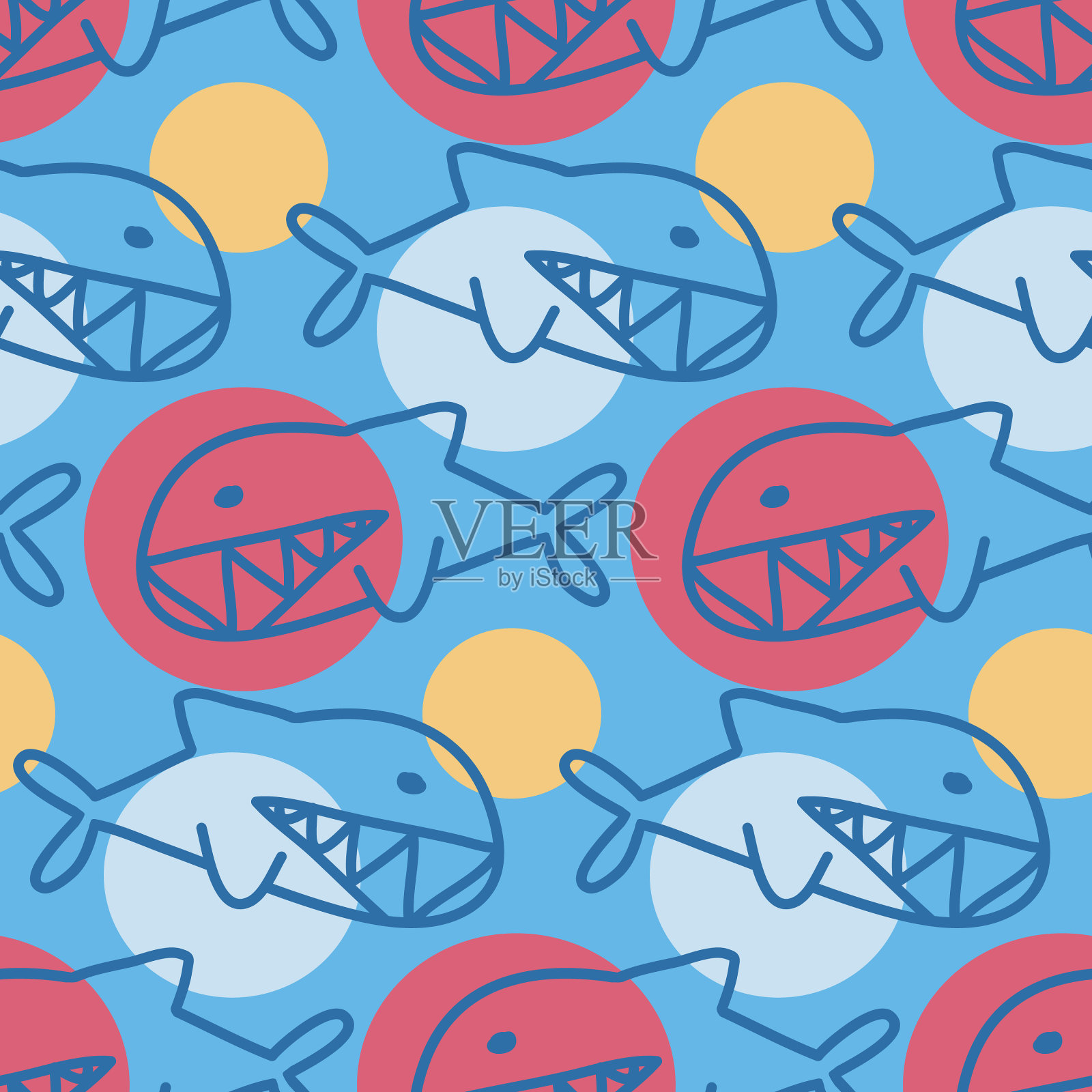 有鲨鱼牙齿的食肉鱼，蓝色，黄色，粉色插画图片素材