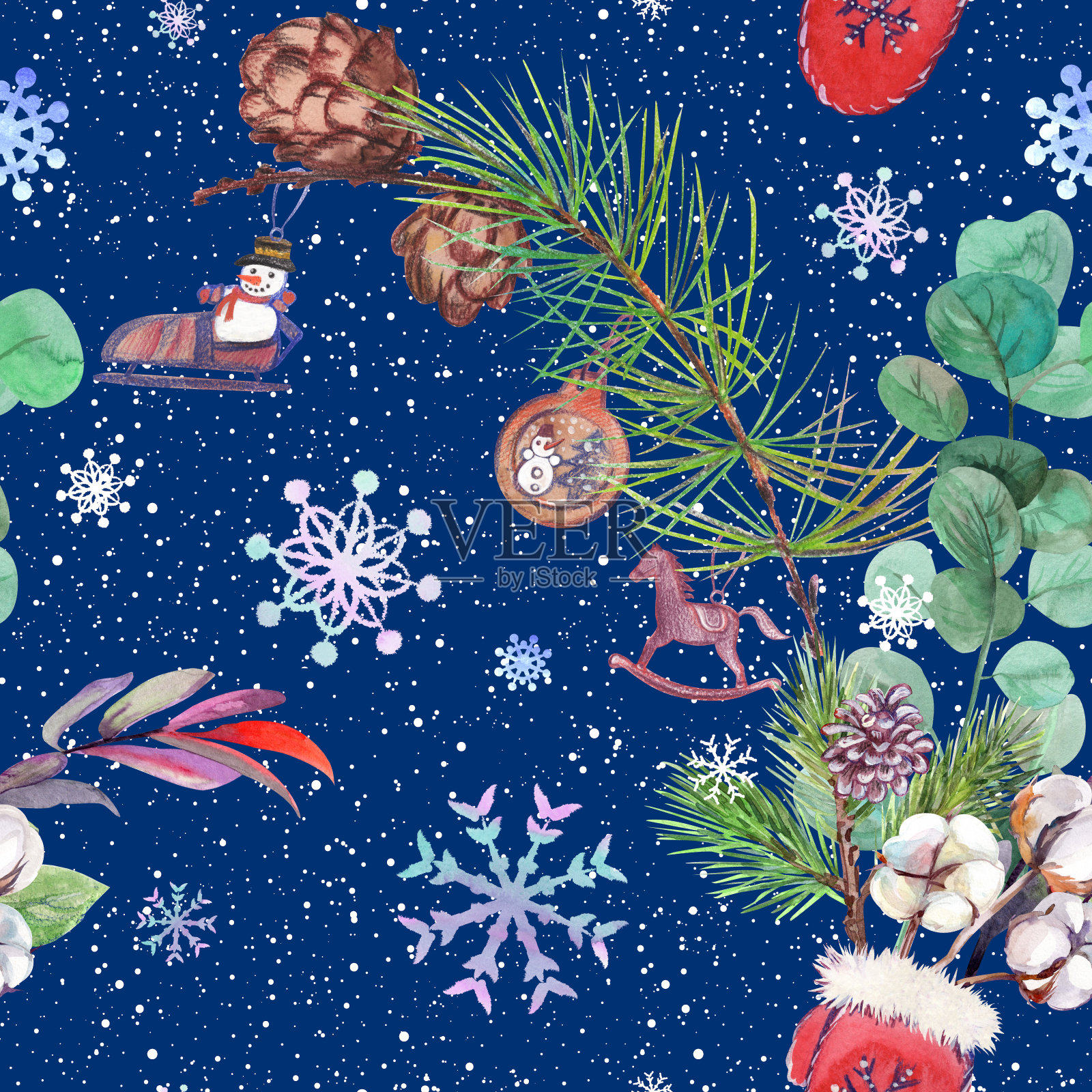 无缝图案与松果和圣诞装饰和桉树树枝冬季花束插画图片素材