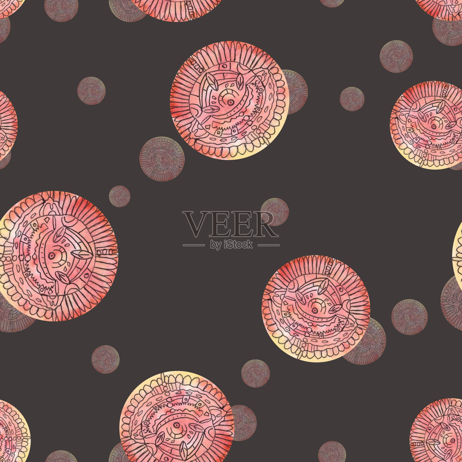 水彩图案柔和的红色圆圈和几何符号，在深棕色的背景上为您无缝设计插画图片素材