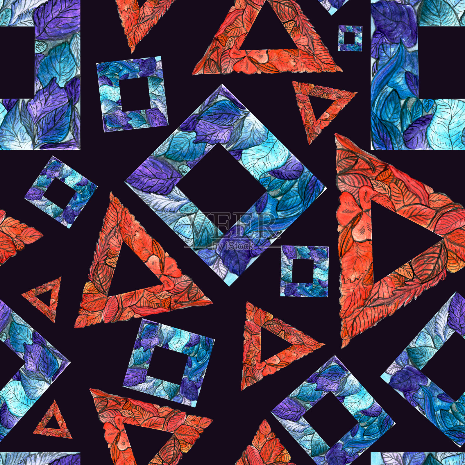 水彩图案无缝几何，蓝色和红色的叶子，在一个正方形和一个三角形在一个黑暗的背景为您的设计插画图片素材
