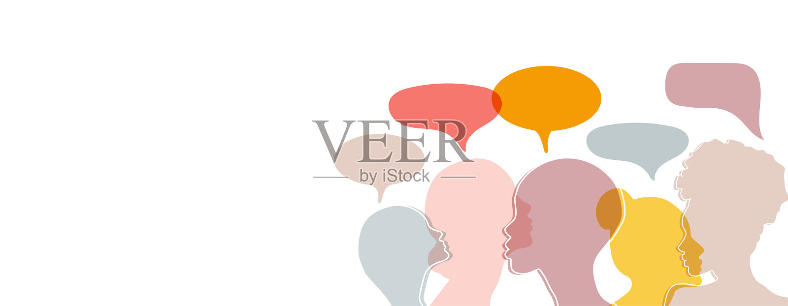 男人和女人的头部轮廓与彩色的语音气泡插画图片素材