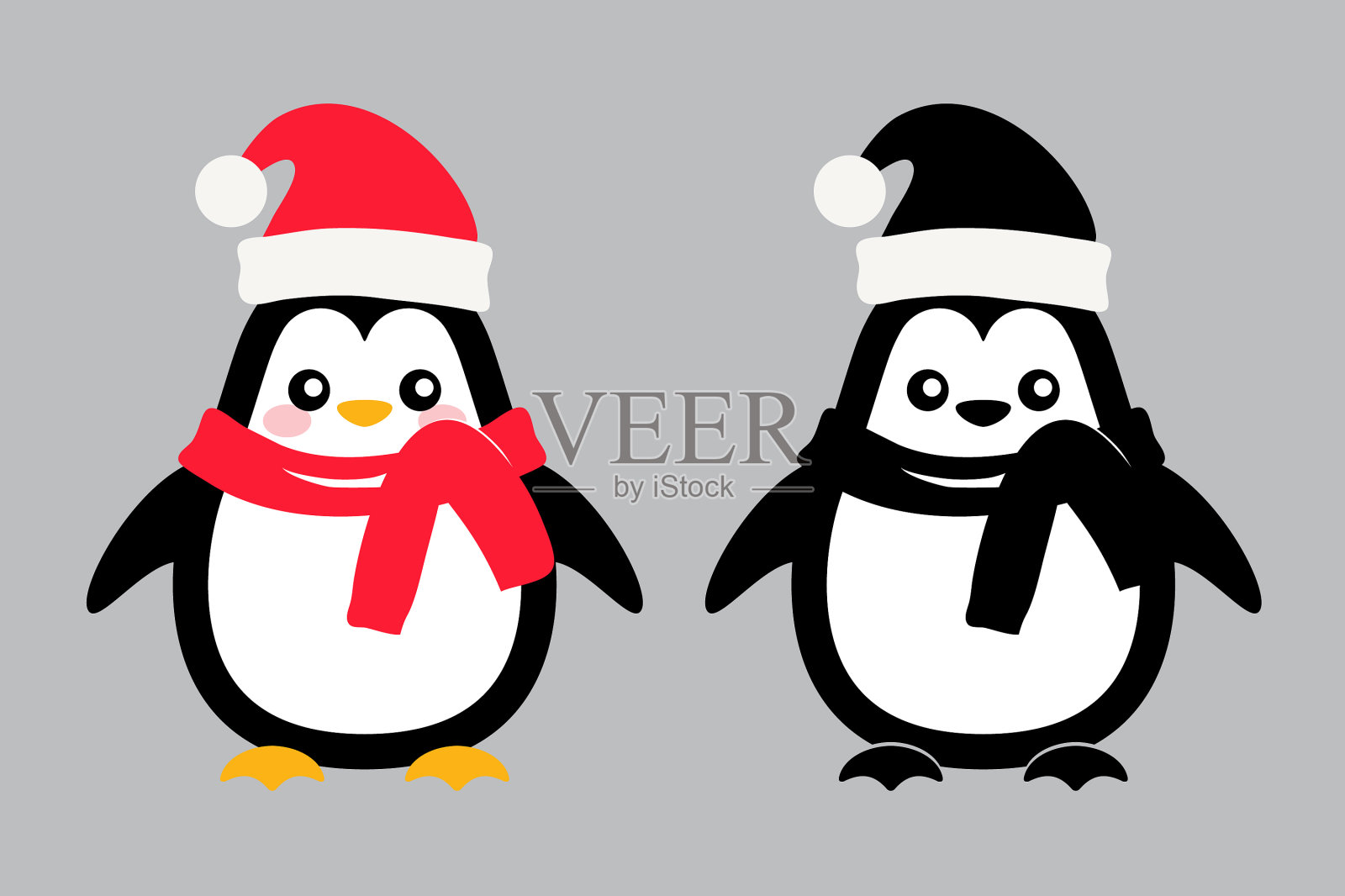 企鹅鸟孩子的图标与圣诞老人帽插画图片素材