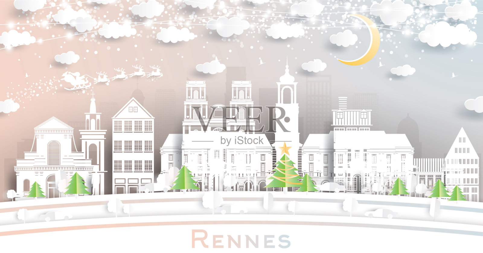 法国雷恩城市天际线剪纸风格插画图片素材