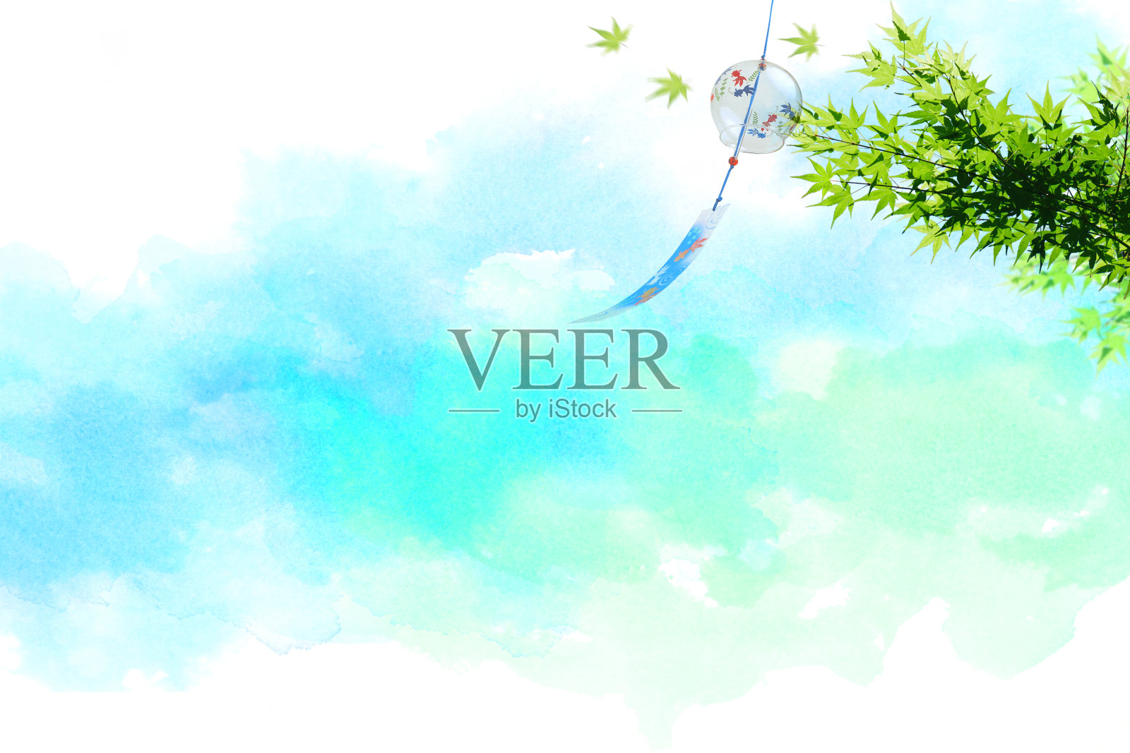 风铃，清新的绿色和天空(软图像)(背景是水彩触摸)插画图片素材