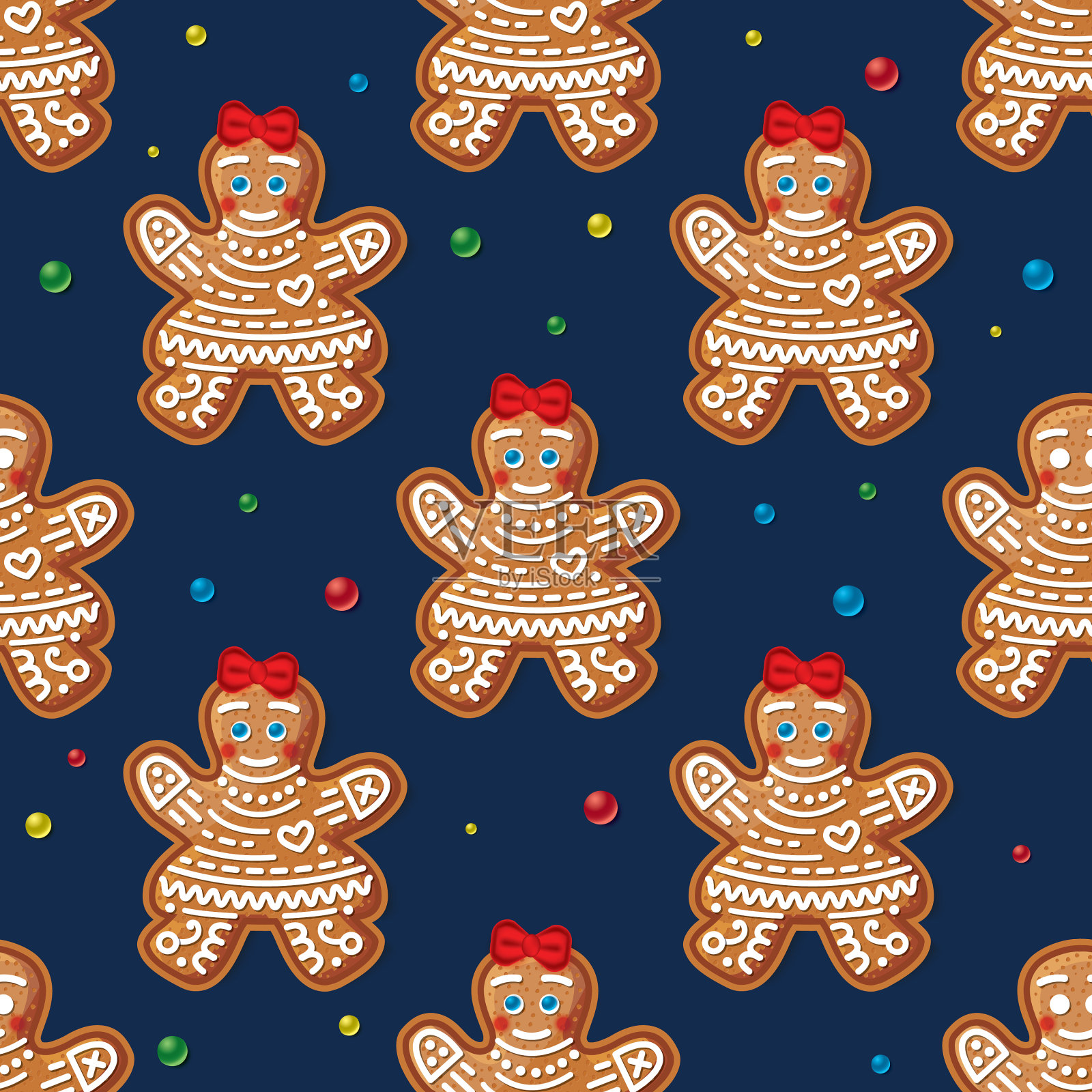 无缝图案与姜饼女人的蓝色插画图片素材