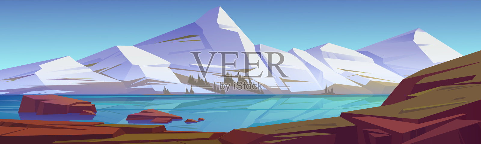 群山、池塘或湖泊自然风光景观插画图片素材