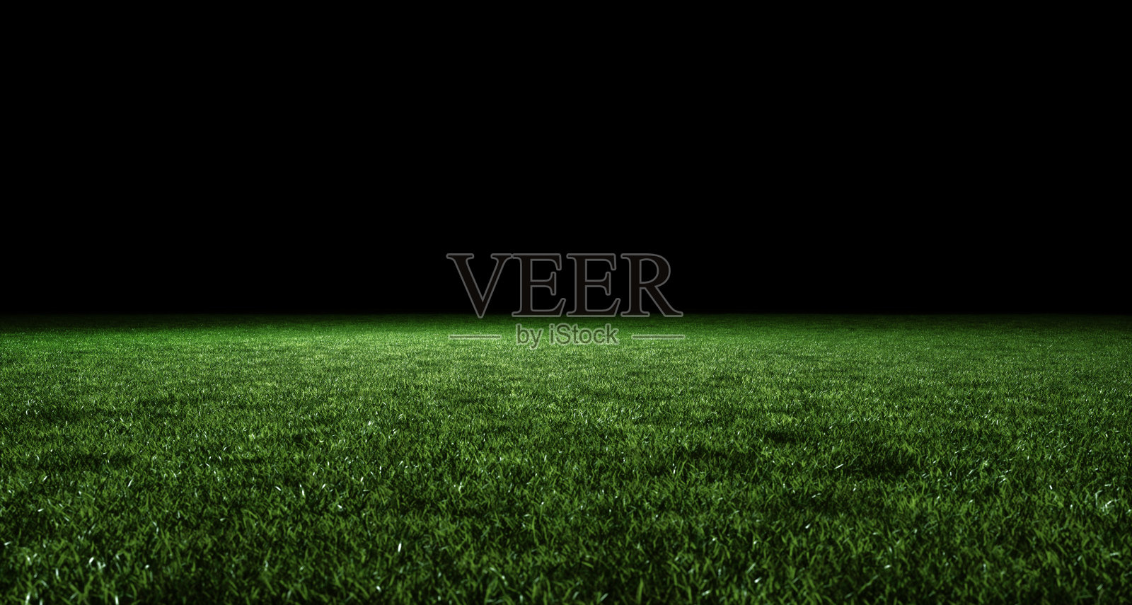 灯光照亮的郁郁葱葱的绿色草坪的低角度视图。模板显示您的产品，黑色背景照片摄影图片