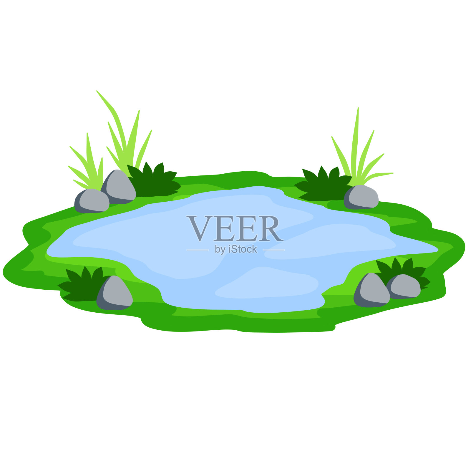 池塘、沼泽、湖泊。景观有草、石。平台和地面。自然元素，森林和水。背景说明。平的卡通插画图片素材