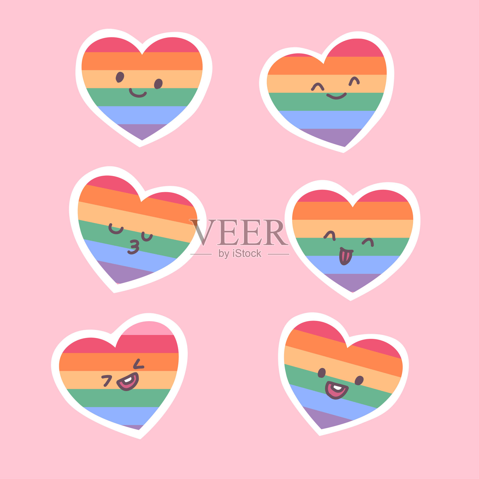 大孤立的手绘彩虹爱情元素集合在情人节的概念，平面矢量插图为情人节的邀请卡和页面装饰插画图片素材