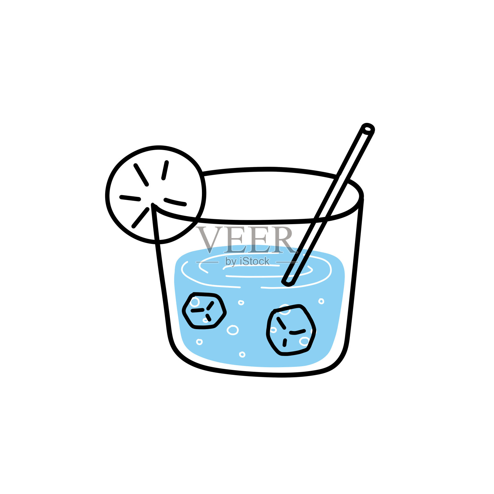 蓝色鸡尾酒在玻璃杯中。清爽的夏日饮品。卡通涂鸦轮廓。插画图片素材