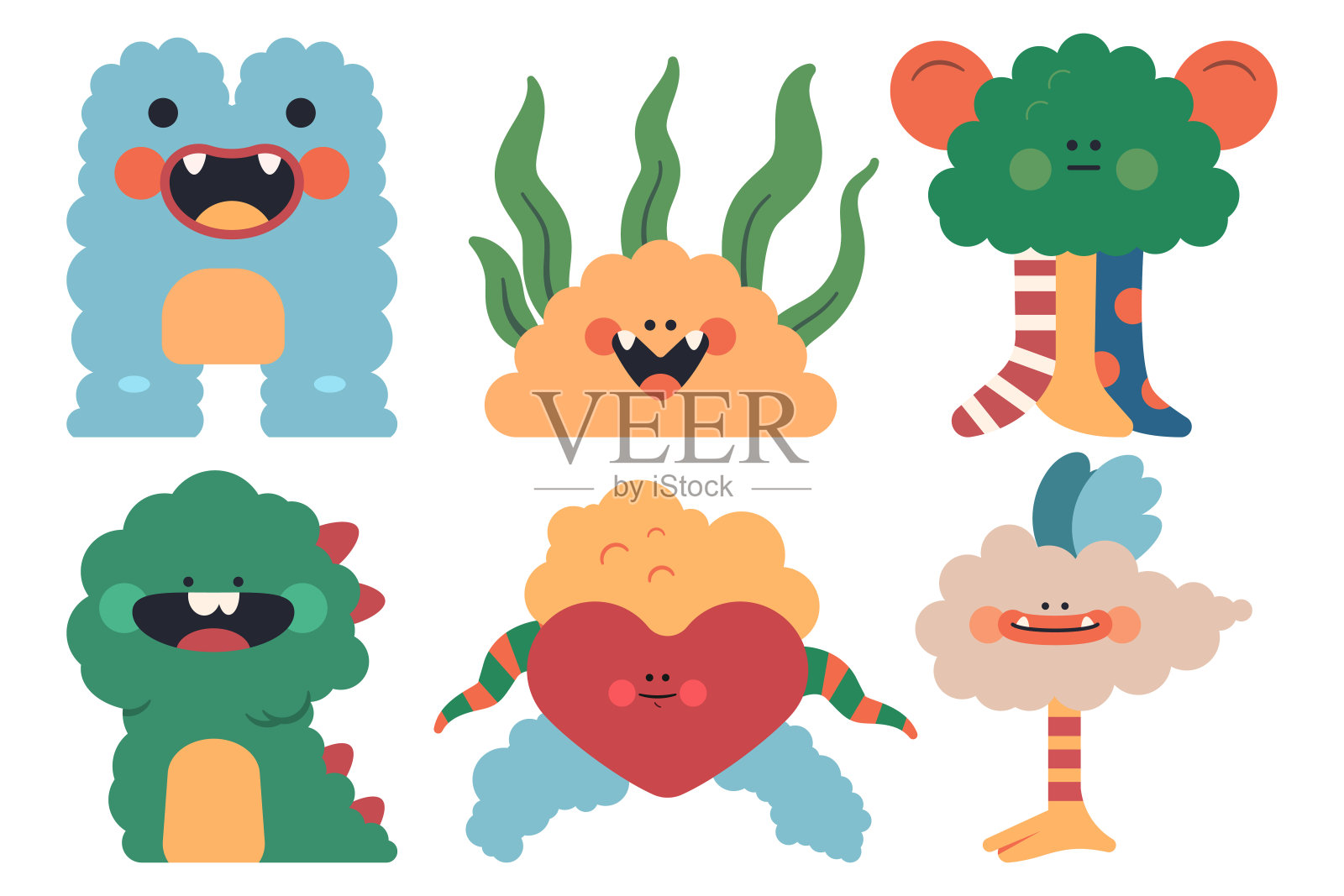 可爱的毛绒怪物矢量卡通人物设置孤立的白色背景。插画图片素材